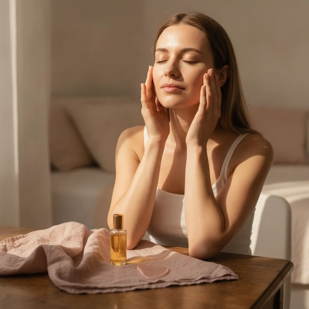 Woman performing morning facial ritual